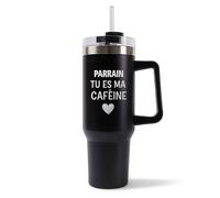 Mug Isotherme 1,2L - Parrain Tu es ma caféine Noir - Bouteille Thermos avec Anse, Paille et Couvercle - Idée Cadeau Gourde Personnalisée Café
