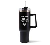 Mug Isotherme 1,2L - Roxane Tu es ma caféine Noir - Bouteille Thermos avec Anse, Paille et Couvercle - Idée Cadeau Gourde Personnalisée Café