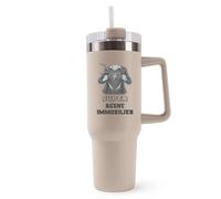 Mug Isotherme 1,2L - super Agent immobilier Beige Femme - Bouteille Thermos avec Anse, Paille et Couvercle - Idée Cadeau Gourde Personnalisée