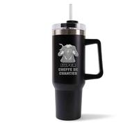 Mug Isotherme 1,2L - super Cheffe de chantier Noir Femme - Bouteille Thermos avec Anse, Paille et Couvercle - Idée Cadeau Gourde Personnalisée