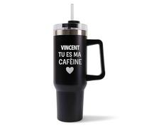 Mug Isotherme 1,2L - Vincent Tu es ma caféine Noir - Bouteille Thermos avec Anse, Paille et Couvercle - Idée Cadeau Gourde Personnalisée Café