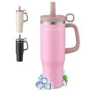 Mug Isotherme avec Paille et Poignée 1200ml, Thermos Isotherme en Acier Inoxydable avec Couvercle Étanche, Mug de Voiture, Tasse Isotherme Café pour Boissons Chaudes ou Glacées, Rosa