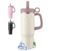 Mug Isotherme avec Paille et Poignée 1200ml, Thermos Isotherme en Acier Inoxydable avec Couvercle Étanche, Mug de Voiture, Tasse Isotherme Café pour Boissons Chaudes ou Glacées, Beige