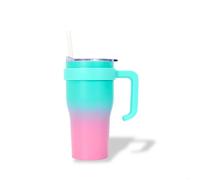 Mug Isotherme avec Paille et Poignée Ergonomique | Gourde 0.6l Bleu/Rose en Inox pour conserver vos boissons au chaud ou au frais