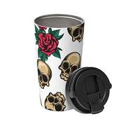 Mug Isotherme Avec Poignée Motif De Crâne Brun Et De Fleurs Rouges Tasse À Café Réutilisable À Double Paroi Mug De Voyage, Pour Thé, Café, Boissons Chaudes Et Froides, 17Oz