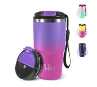 Mug Isotherme Cafe, 600 ml, Tasse à Café Isotherme avec Couvercle, 304 Acier Inoxydable, Réutilisable Tasse de Voiture avec Couvercle, Idéal pour Déplacements Quotidiens - Violet foncé&rose rouge