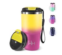Mug Isotherme Cafe, 600 ml, Tasse à Café Isotherme avec Couvercle, 304 Acier Inoxydable, Réutilisable Tasse de Voiture avec Couvercle, Idéal pour le Café à Emporter et Le Bureau - Jaune&rose rouge