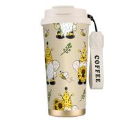 Mug isotherme de voyage à motif gnomes, abeilles et tournesols, 100 % étanche, en acier inoxydable 316, avec couvercle et paille, idéal pour l'eau, le thé glacé, le café, les smoothies et bien plus en