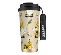 Mug isotherme de voyage à motif gnomes, abeilles et tournesols, 100 % étanche, en acier inoxydable 316, avec couvercle et paille, idéal pour l'eau, le thé glacé, le café, les smoothies et bien plus en