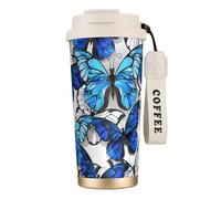 Mug isotherme de voyage à motif papillons bleus et blancs, 100 % étanche, en acier inoxydable 316, avec couvercle et paille, idéal pour l'eau, le thé glacé, le café, les smoothies et bien plus encore.