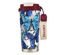 Mug isotherme de voyage à motif papillons bleus et blancs, 100 % étanche, en acier inoxydable 316, avec couvercle et paille, idéal pour l'eau, le thé glacé, le café, les smoothies et bien plus encore.