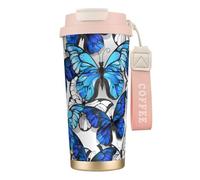 Mug isotherme de voyage à motif papillons bleus et blancs, 100 % étanche, en acier inoxydable 316, avec couvercle et paille, idéal pour l'eau, le thé glacé, le café, les smoothies et bien plus encore.