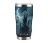 Mug isotherme de voyage de 590 ml (20 oz), en acier inoxydable, avec couvercle et paille, imprimé lune et chauve-souris pour Halloween, idéal pour les porte-gobelets de voiture, le bureau ou les act