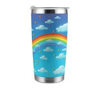 Mug isotherme de voyage de 590 ml (20 oz), en acier inoxydable, avec couvercle et paille, imprimé nuages arc-en-ciel et gouttes de pluie, pour porte-gobelet de voiture, bureau ou usage extérieur.