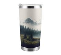 Mug isotherme de voyage de 590 ml (20 oz), en acier inoxydable, avec couvercle et paille, motif paysage de montagne, pour porte-gobelet de voiture, bureau ou usage extérieur.