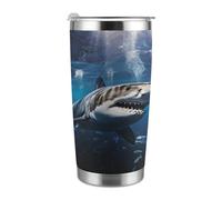 Mug isotherme de voyage de 590 ml (20 oz), en acier inoxydable, imprimé grand requin blanc, avec couvercle et paille, pour porte-gobelet de voiture, bureau ou usage extérieur.
