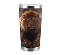 Mug isotherme de voyage de 590 ml (20 oz), en acier inoxydable, imprimé « King of Beasts™ », avec couvercle et paille, pour porte-gobelet de voiture, bureau ou usage extérieur.