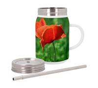Mug Isotherme en Inox avec Couvercle et Paille - Champs avec des Coquelicots en Fleur Champêtre Vert et Rouge - 500 ml - Tasse Thermo