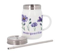 Mug Isotherme en Inox avec Couvercle et Paille - Marguerite Violette Fleurs Minimaliste Chic Amour - 500 ml - Tasse Thermo
