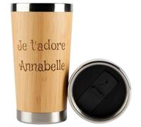 Mug isotherme personnalisé en bambou - Grand mug avec gravure texte et couvercle inox - Thermos pratique et cadeau homme ou femme
