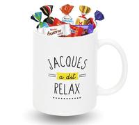 Mug “Jacques a dit RELAX” garni de 15 chocolats CELEBRATIONS MILKA KINDER DAIM | Idée Cadeau Anniversaire, Fête, Bureau - Passe au Lave-Vaisselle & Micro-Ondes