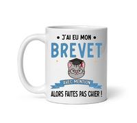 Mug J'ai eu mon Brevet mention faites pas chier diplôme collège chat Tasse