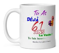 Mug joyeux anniversaire 61 ans humour tasse soixante et un ans tasse drole haute qualité idée cadeau rigolo soixantaine fete Noel homme femme ami collegue copain pote famille