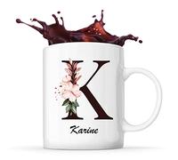 Mug Karine | Tasse prénom femme avec Lettre fleur | Idée cadeau pour anniversaire noël et fête des mères