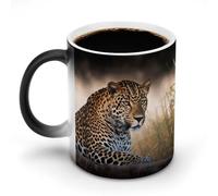 Mug léopard d'Afrique à couleur changeante, mug thermosensible en céramique, mug noir réactif à la chaleur, tasse à thé. Message apparaissant lorsqu'il chauffe. Cadeau d'anniversaire pour un proche.