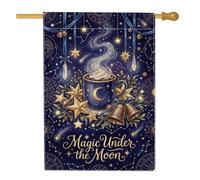 Mug magique Céleste Cacao Citation Drapeau Maison de Noël 71 x 101 cm | Étoiles célestes, drapeau de cour, grelots dorés, motif croissant de lune, décoration de jardin d'hiver