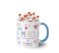 Mug MERCI garni d'un assortiment de 20 chocolats Kinder Mini-Bueno et Schokobons | Tasse Cadeau Gourmande pour remercier Maîtresse, Maman, Nounou, Soignant