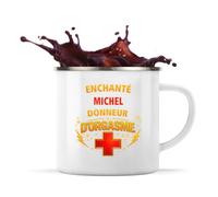 Mug Métal Émaillé Enchanté Michel donneur d'orgasme | Tasse de Camping 300 ml Recto Verso Passe au Lave-Vaisselle | Randonnée Bivouac Bureau | Cadeau Amoureux Amoureuse Homme Femme Anniversaire