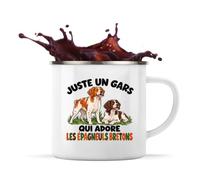 Mug Métal Émaillé Juste un gars qui adore les épagneuls bretons | Tasse de Camping 300 ml Recto Verso Passe au Lave-Vaisselle | Randonnée Bivouac Bureau | Cadeau Papa de Chien Homme Femme Anniversaire