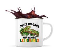 Mug Métal Émaillé Juste un gars qui adore les iguanes | Tasse de Camping 300 ml Recto Verso Passe au Lave-Vaisselle | Randonnée Bivouac Bureau | Cadeau Amoureux des Animaux Homme Femme Anniversaire