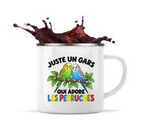 Mug Métal Émaillé Juste un gars qui adore les perruches | Tasse de Camping 300 ml Recto Verso Passe au Lave-Vaisselle | Randonnée Bivouac Bureau | Cadeau Amoureux des Oiseaux Homme Femme Anniversaire