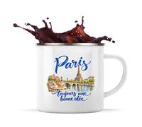Mug Métal Émaillé Paris, toujours une bonne idée | Tasse de Camping 300 ml Recto Verso Passe au Lave-Vaisselle | Randonnée Bivouac Bureau | Cadeau Parisien Parisienne Homme Femme Anniversaire