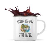 Mug Métal Émaillé Thonon-les-Bains c’est la vie | Tasse de Camping 300 ml Recto Verso Passe au Lave-Vaisselle | Randonnée Bivouac Bureau | Cadeau Thononais Thononaise Homme Femme Anniversaire