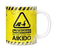 Mug Monster - Tasse à café humoristique « Warning May Start Talking About Aikido » en céramique, cadeau pour homme ou femme, extra large et géante disponible, 325 ml, blanc