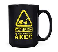 Mug Monster - Tasse cadeau humoristique « Warning May Start Talking About Aikido » - Tasse à café en céramique, cadeau pour homme ou femme, extra large et géante disponible, tasse noire de 445 ml