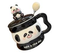 Mug Panda Mignon avec Couvercle Anti-Fuite et Cuillère, Mug de Voyage Thermique, Grande Tasse à Café 450 Ml, Cadeau Original Panda pour Femmes et Amies (Noir)(Black)