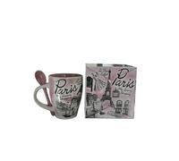 Mug Paris avec cuillère- Tasse céramique 320ML Coffret cadeaux -Design tour eiffel et Shopping - Idée cadeau femme Rose à offrir (Moderne, ROSE)