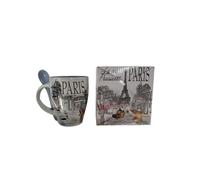 Mug Paris avec cuillère- Tasse céramique 320ML Coffret cadeaux -Design tour eiffel et Shopping - Idée cadeau femme Rose à offrir