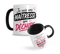 Mug personnalisable avec un ou plusieurs prénoms, MAITRESSE qui déchire , cadeau maitresse d'ecole fin d'année, cadeau pour enseignante, merci MAITRE, blanc brillant, anse et interieur noir - 330ml
