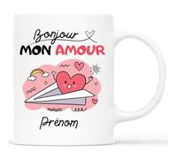 Mug Personnalisé Prénom - Bonjour Mon Amour - Cadeau Saint Valentin, Cadeau Pour Son Amoureux, Mug Je t'Aime, Tasses Saint Valentin, Tasses Coeur, Tasse Couple Amoureux