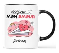 Mug Personnalisé Prénom - Bonjour Mon Amour - Cadeau Saint Valentin, Cadeau Pour Son Amoureux, Mug Je t'Aime, Tasses Saint Valentin, Tasses Coeur, Tasse Couple Amoureux