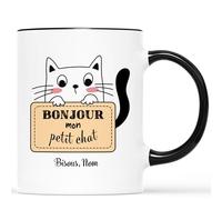 Mug Personnalisé Prénom - Bonjour Mon Petit Chat Bisous - Cadeau Personnalisé Maitresse, Cadeau Amoureux, Tasse Personnalisée Saint Valentin, Tasse Couple Personnalisable