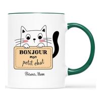 Mug Personnalisé Prénom - Bonjour Mon Petit Chat Bisous - Cadeau Personnalisé Maitresse, Cadeau Amoureux, Tasse Personnalisée Saint Valentin, Tasse Couple Personnalisable