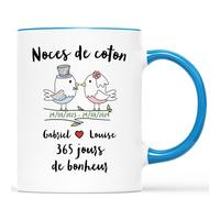 Mug Personnalisé Prénom - Noces De Coton 365 Jours De Bonheur - Idée Cadeau Anniversaire De Mariage, Cadeau 1 An de Mariage, Tasse Amour, Tasse Couple Personnalisable