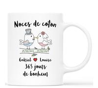 Mug Personnalisé Prénom - Noces De Coton 365 Jours De Bonheur - Idée Cadeau Anniversaire De Mariage, Cadeau 1 An de Mariage, Tasse Amour, Tasse Couple Personnalisable