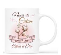 Mug Personnalisé Prénom - Noces de Coton - Cadeau Anniversaire Mariage, Cadeau Noces de Coton, Cadeau Saint Valentin, Cadeau 1 An de Mariage, Tasse Couple Amoureux, Tasse Amour